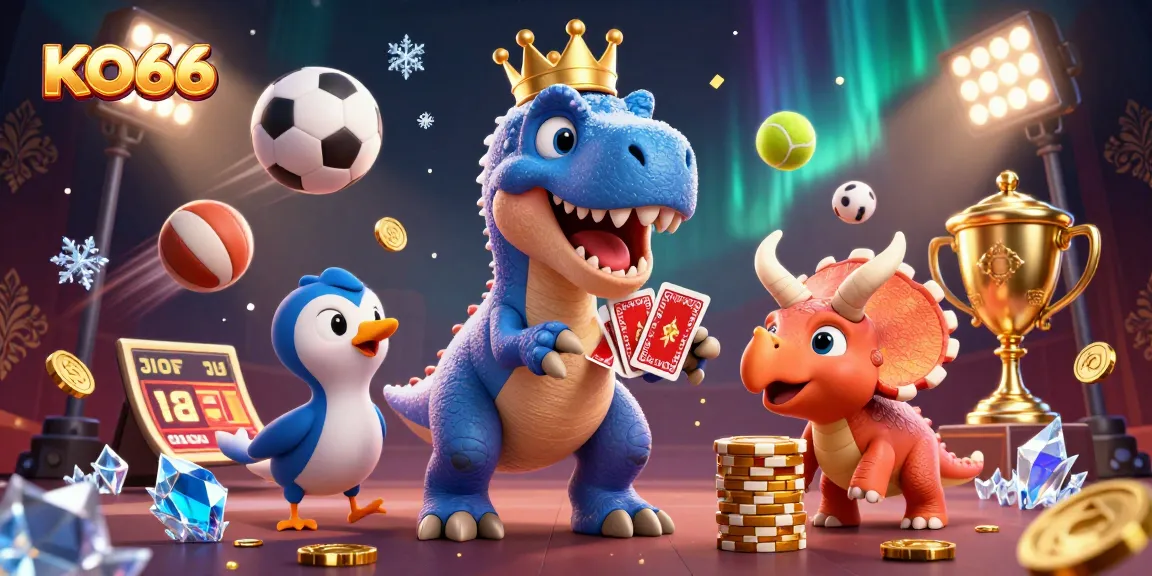 KO66 showcases a T-Rex shuffling cards, embodying fun and excitement in dynamic casino betting.