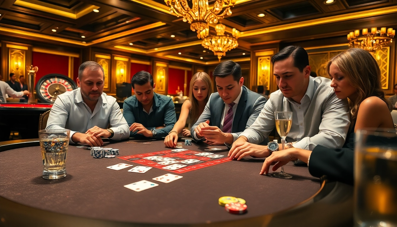 78Win poker game with colorful chips and intense players in a luxurious casino setting.