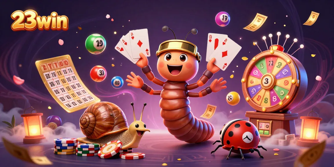 Experience thrilling wins with 23win's captivating casino scene featuring vibrant games and animated characters.