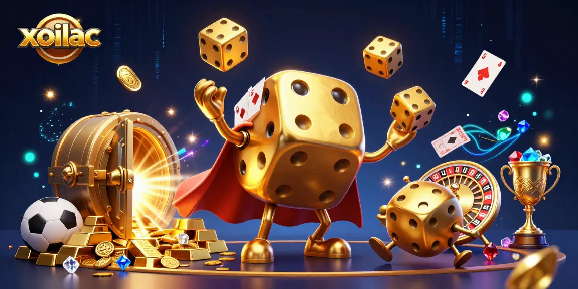 Xoilac showcases thrilling sports betting with unique expression-changing dice golem and vibrant elements.