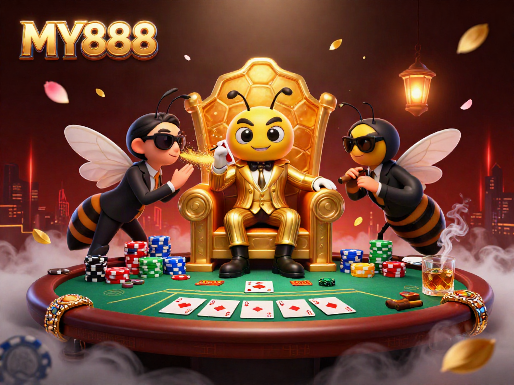 Experience the excitement at MY888 with a buzzing bumblebee mob boss and poker elements in a thrilling casino scene.