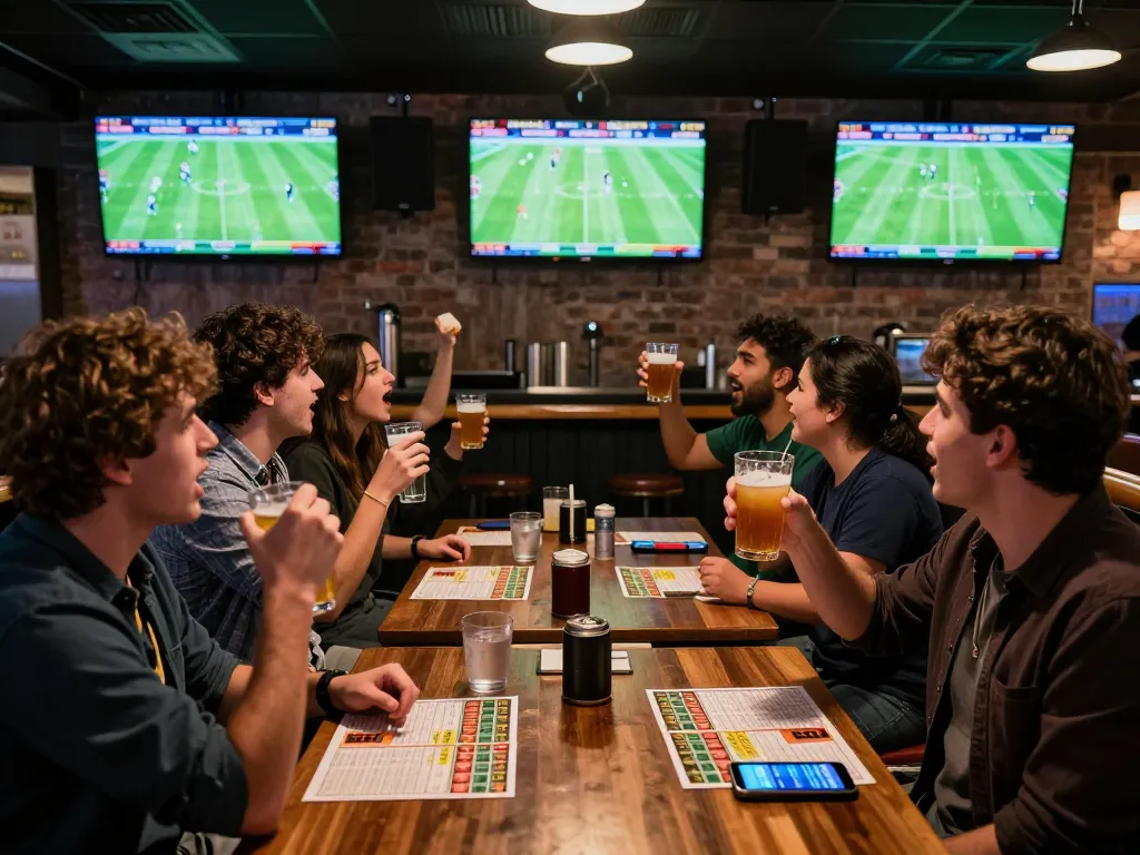 Tỷ Lệ Bóng Đá shown as excited fans cheer while placing bets on live matches at a sports bar