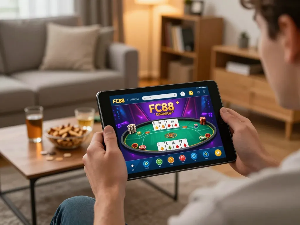 Engaged player using FC88 app for online poker in a cozy living room setting.