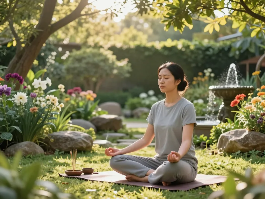 Individual meditating in a tranquil garden to transform negative thoughts into positive perspectives.