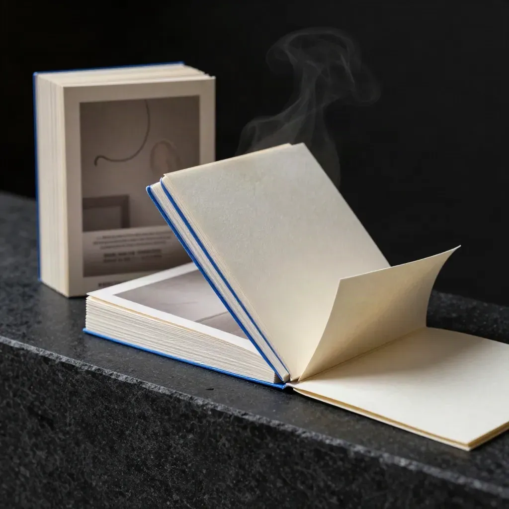 Sealed editorial bundle opening on a stone ledge with blue accent, clipped notes, and steam.