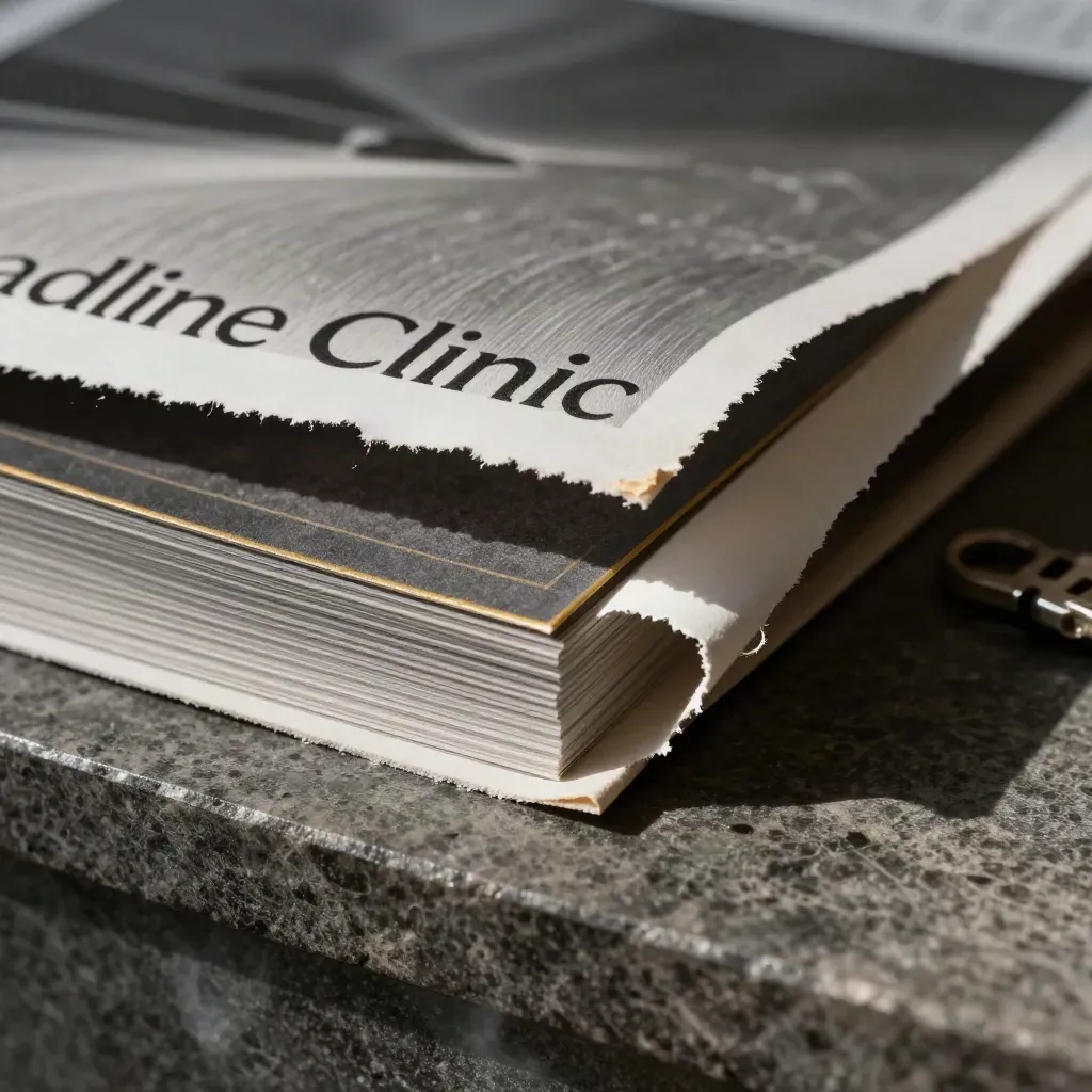 Macro of brushed metal sleeves, torn paper edges and matte card blocks under raking light.
