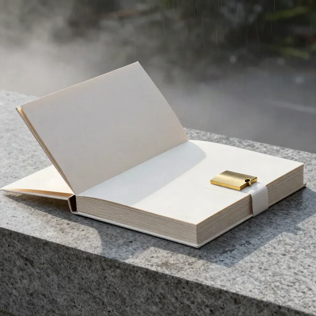 Open Word Origin Starter Kit on wet stone with booklet, tabs, and brass paperweight