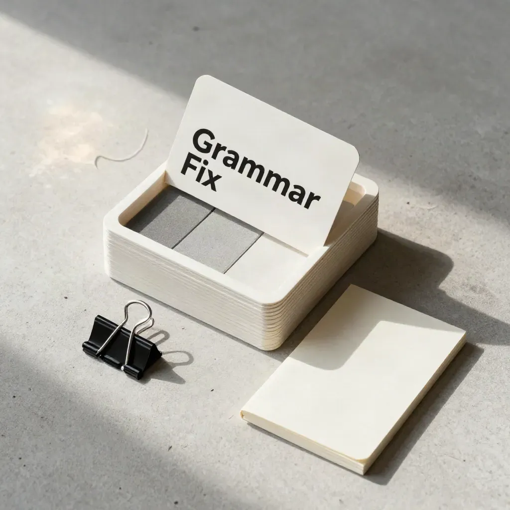 Overhead flatlay of grammar fix kit cards, tiles, clip, and folded notepad on concrete.
