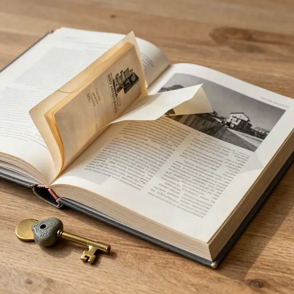 Open hardcover word atlas with vellum tabs and a stone token on warm oak, softly lit