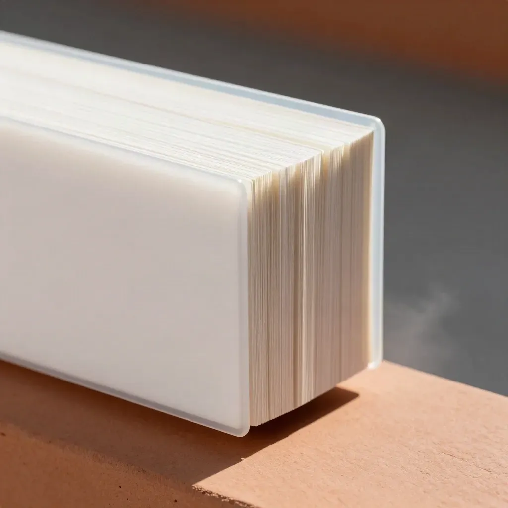 Macro of translucent cards on a matte clipboard, glowing edges over terracotta clay.
