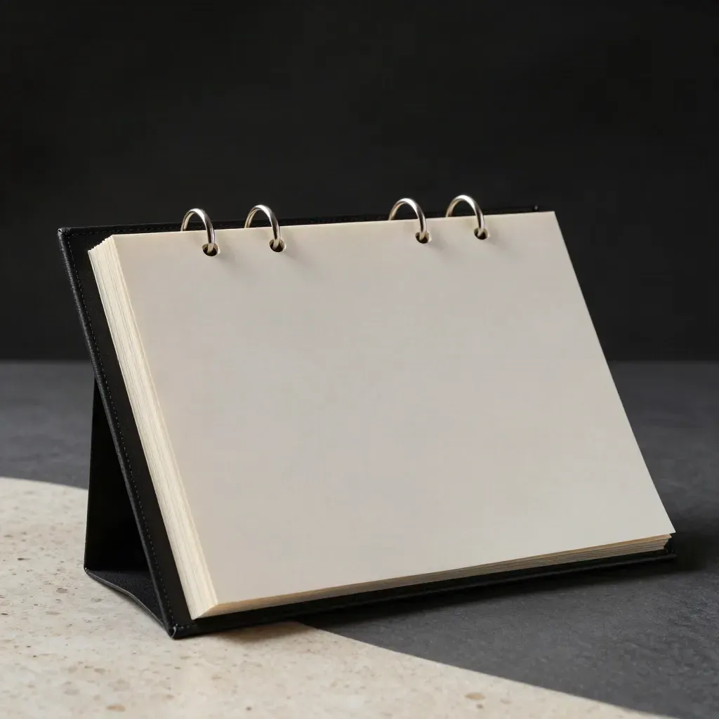 Open ring binder style guide pack on a matte-black plinth under dramatic side light