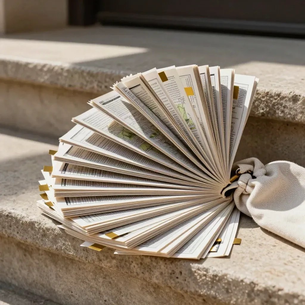 Fanned headline map cards with brass tabs and linen pouch on a stone step