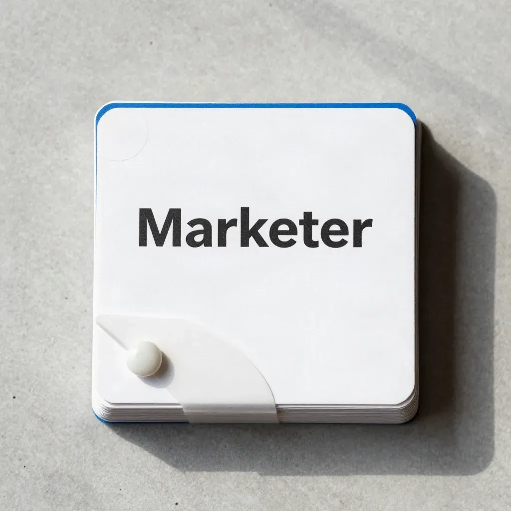 Overhead flatlay of marketer flash cards, divider and ceramic token on concrete.