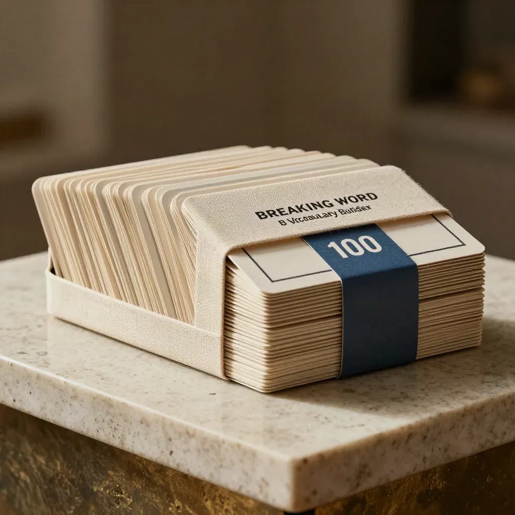 Boxed vocabulary card set with fanned cards on travertine in warm studio light