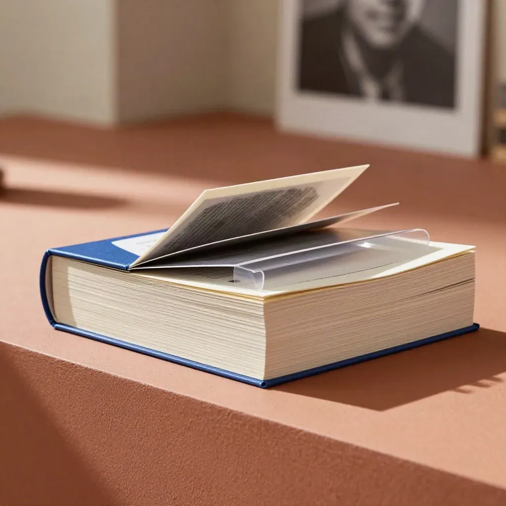 Open vocabulary slipcase with card stack, divider tabs and folded wrapper on terracotta ledge.
