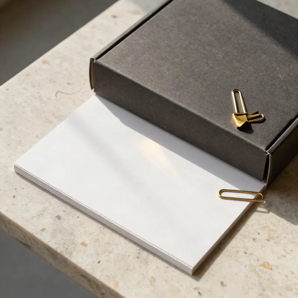 Overhead flatlay of a headline teardown box, proof cards, insert and brass clip on stone.