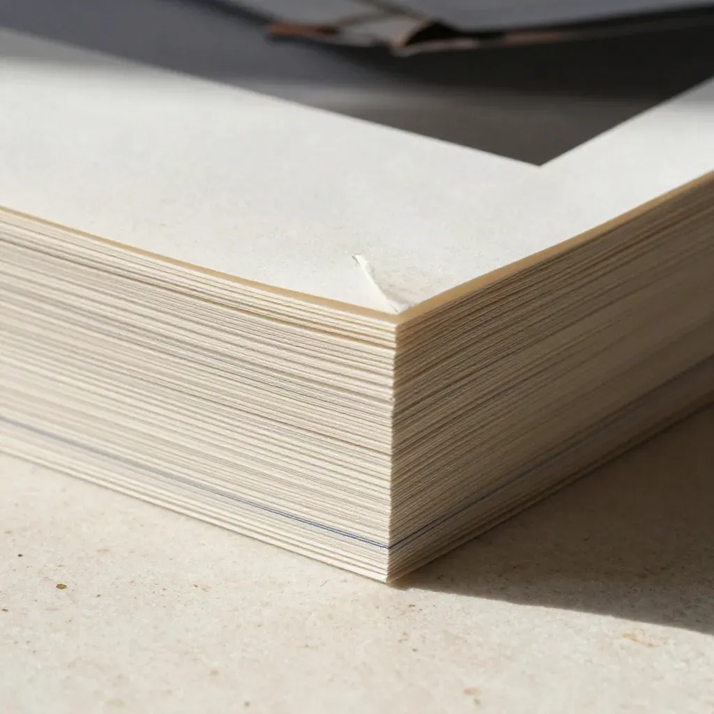 Linen-banded card pack tilted on travertine with a small stone wedge, macro close-up