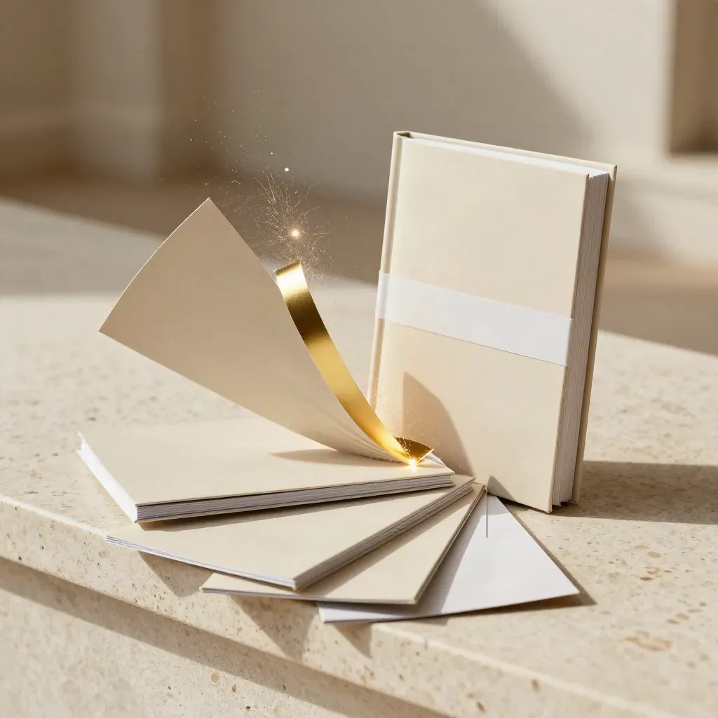 Unbranded writing pack bundle with booklets, box, rule cards and gold strip exploding diagonally.