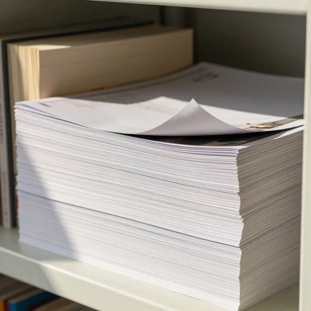 Thin stack of grammar sheets with one curled corner on a quiet editorial shelf