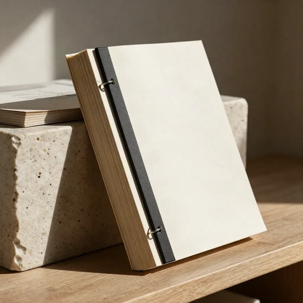 Ringbound style guide notes booklet with matte clip on travertine, lit in warm editorial haze.