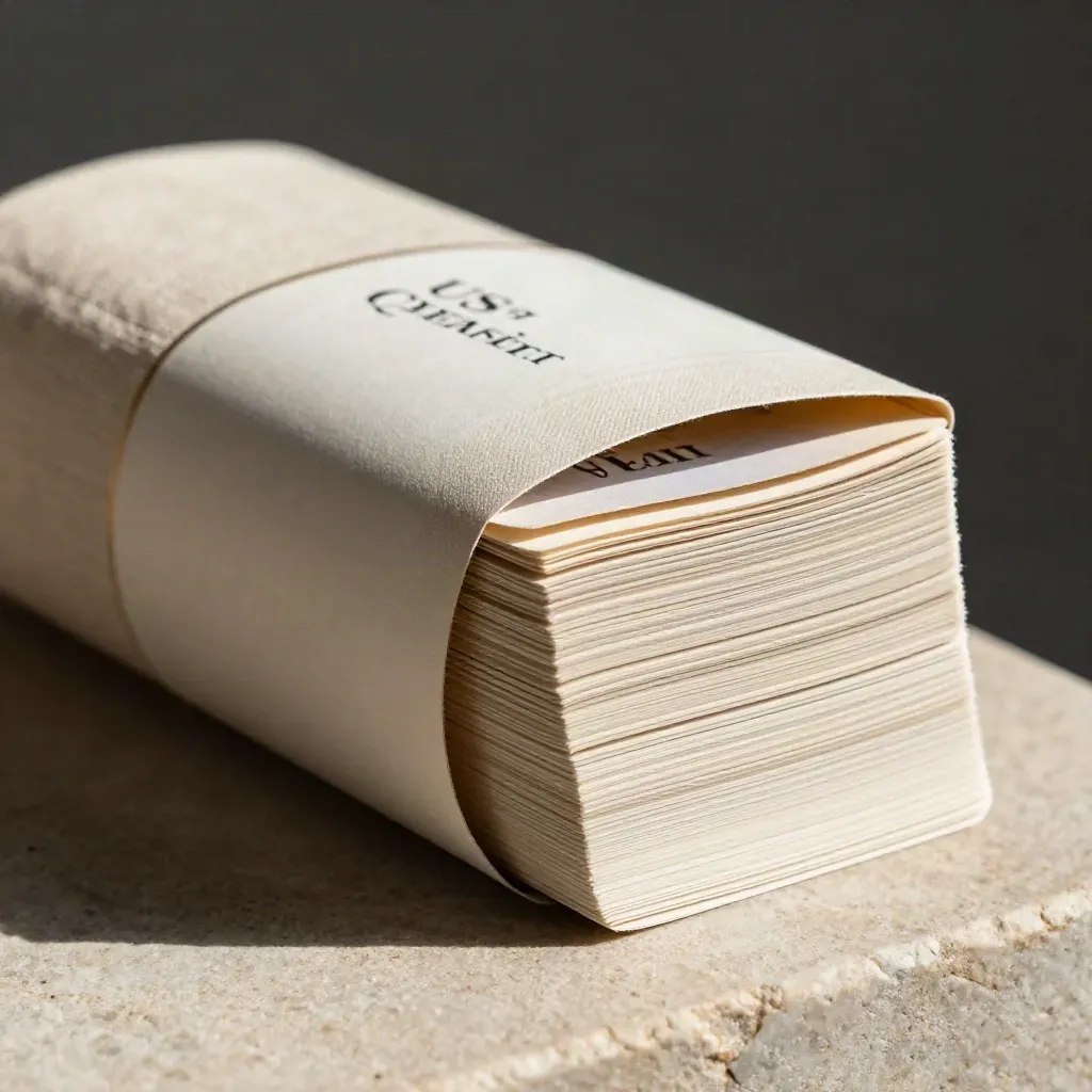 Macro of a US English cheat sheet deck with linen wrap, paper band, and gilded edges in dramatic light.