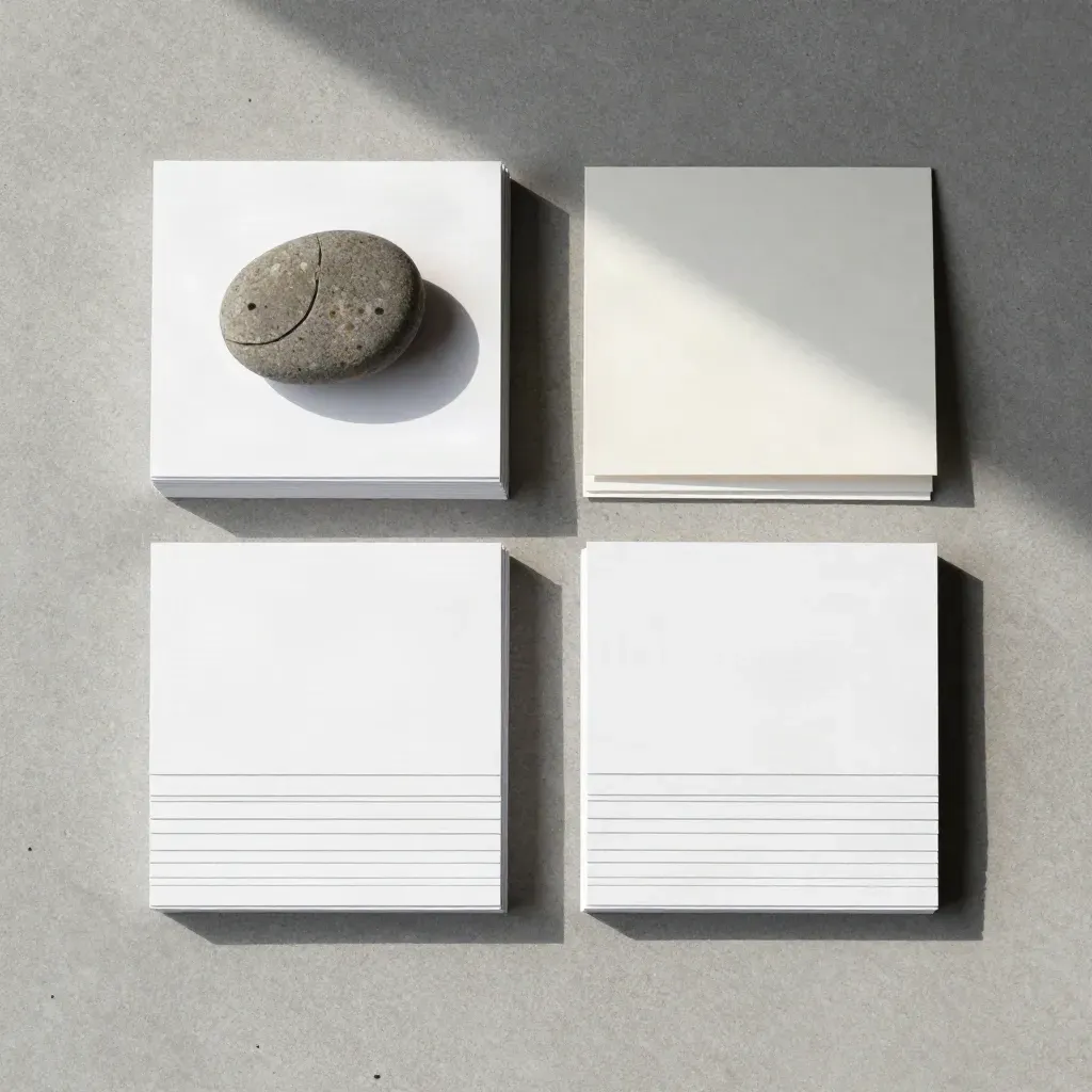 Overhead flatlay of two stacks of blank swap cards with a small stone marker on pale concrete.
