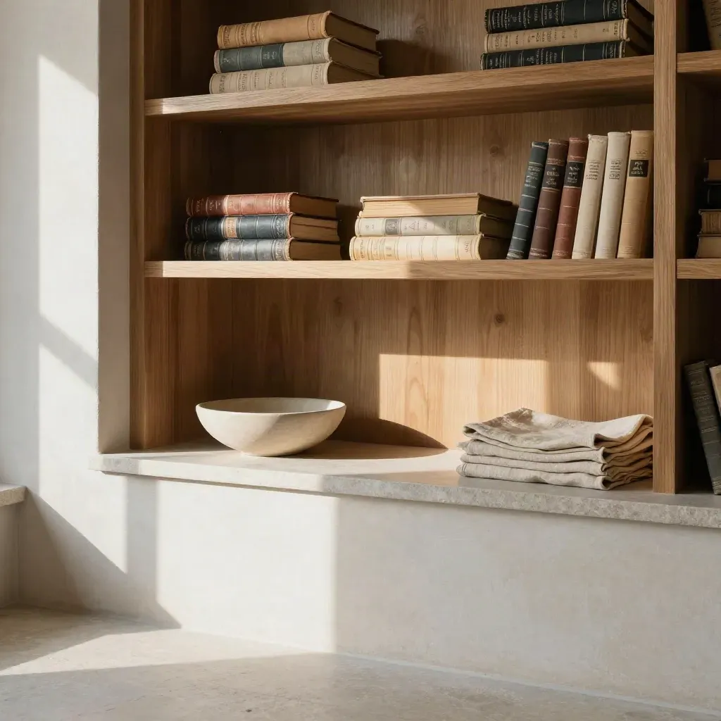 Sunlit alcove with stacked dictionaries, oak shelves and stone surface for headline copy.