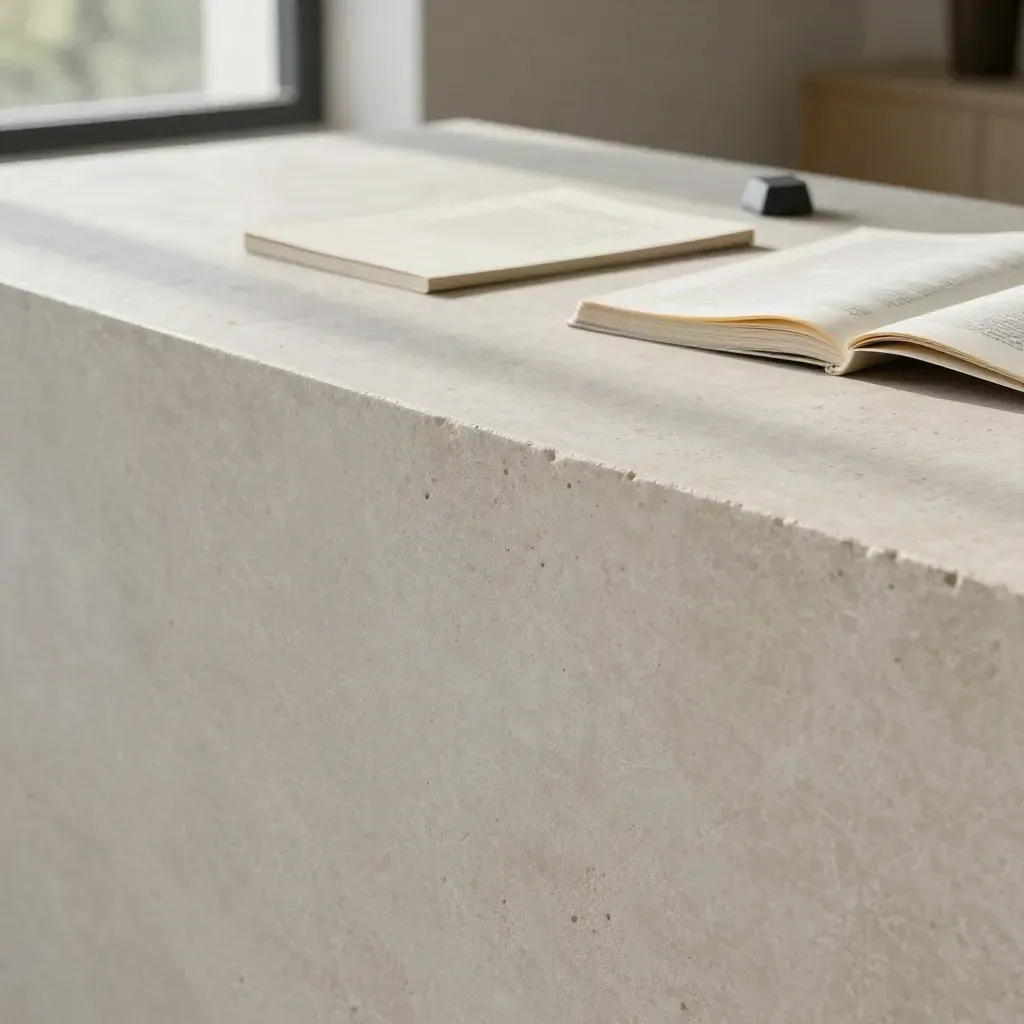 Brushed limestone with a shadow line, blurred window edge, and folded proof sheets in soft daylight.