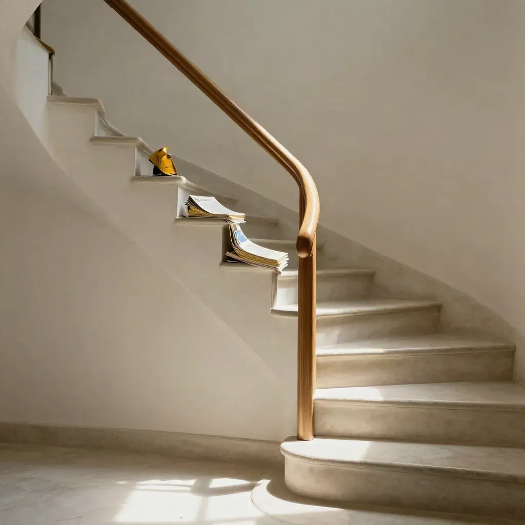 Sunlit stairwell with oak rail, brass accent, and editorial paper stack