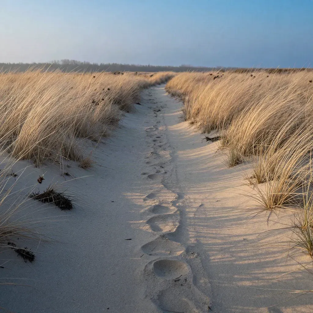Dry grass path at dusk with blurred tree line and open space for headline copy.