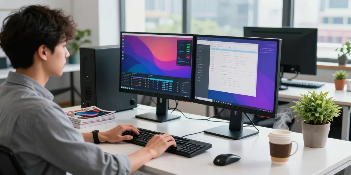 Professional using a refurbished pc in a modern tech workspace with vibrant monitors and cozy elements.