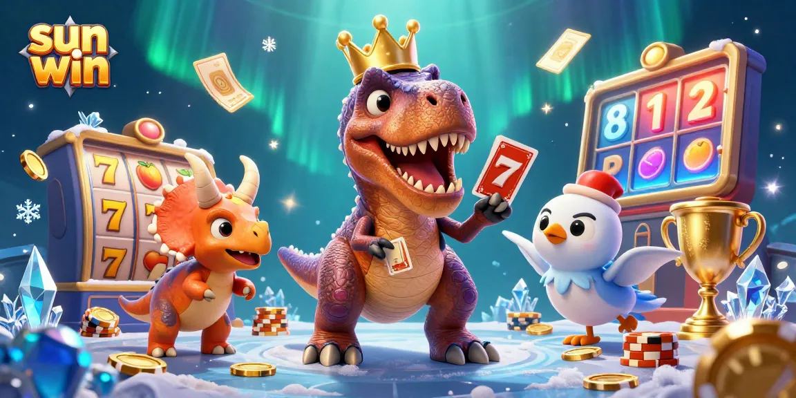 Engage in thrilling slots at sun win with a T-Rex card player, vivid elements, casino excitement.