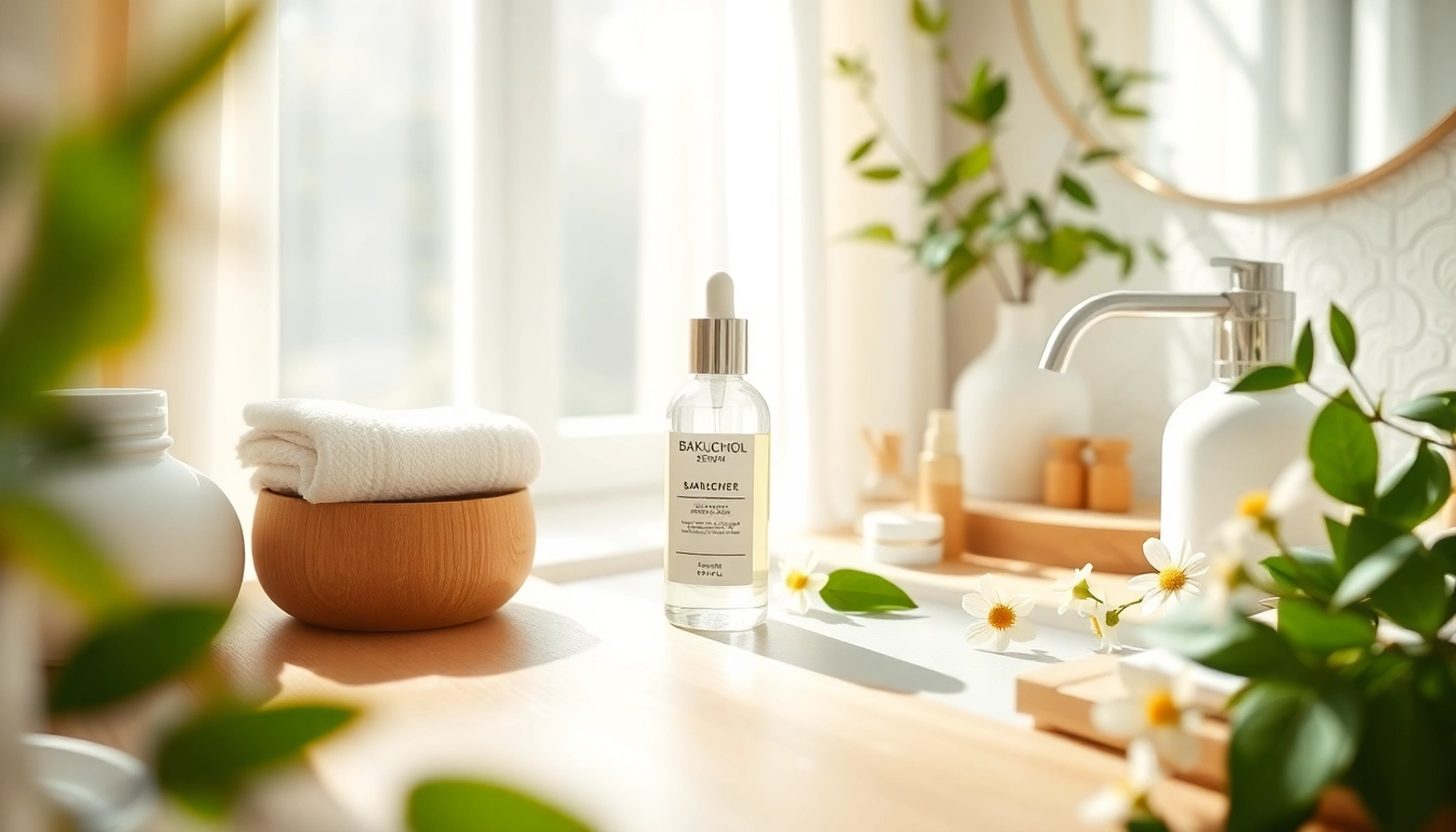 Bakuchiol serum displayed on a wooden vanity surrounded by fresh botanicals, promoting natural skincare.