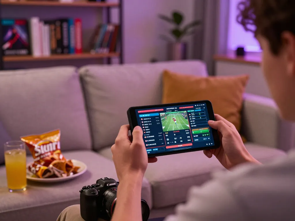 Gambling enthusiast reviewing kèo nhà cái on a mobile app, surrounded by casual home setting
