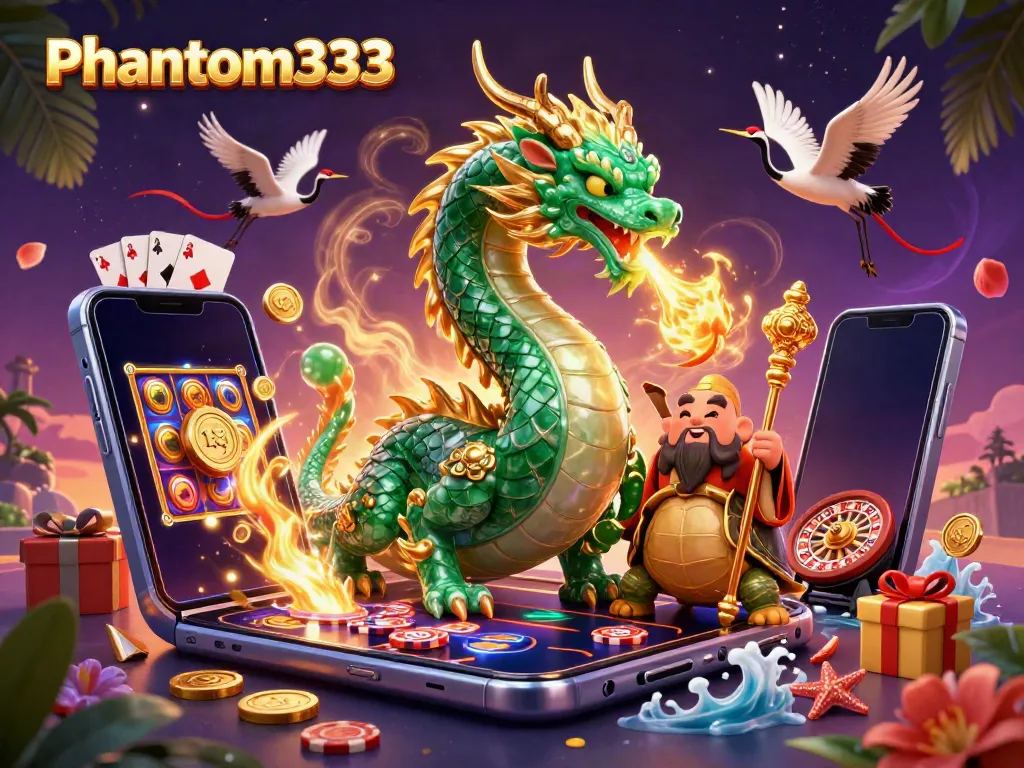 Experience exciting gaming action with Phantom333, featuring a vibrant scene with magical elements and casino games.