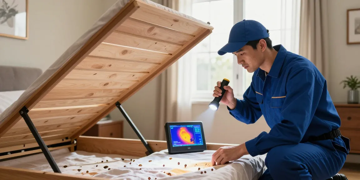 Expert technician conducting bed bug removal inspection in a cozy bedroom