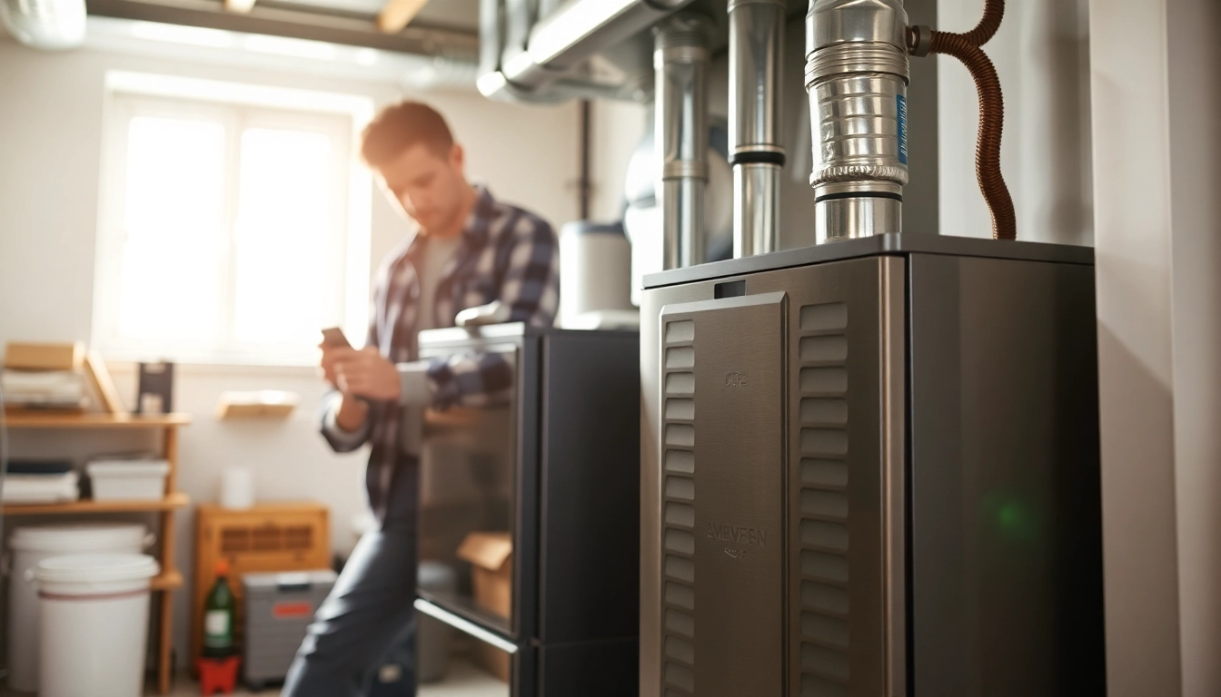 Installation of an American Standard furnace Canada showcasing a technician working diligently on a modern unit.