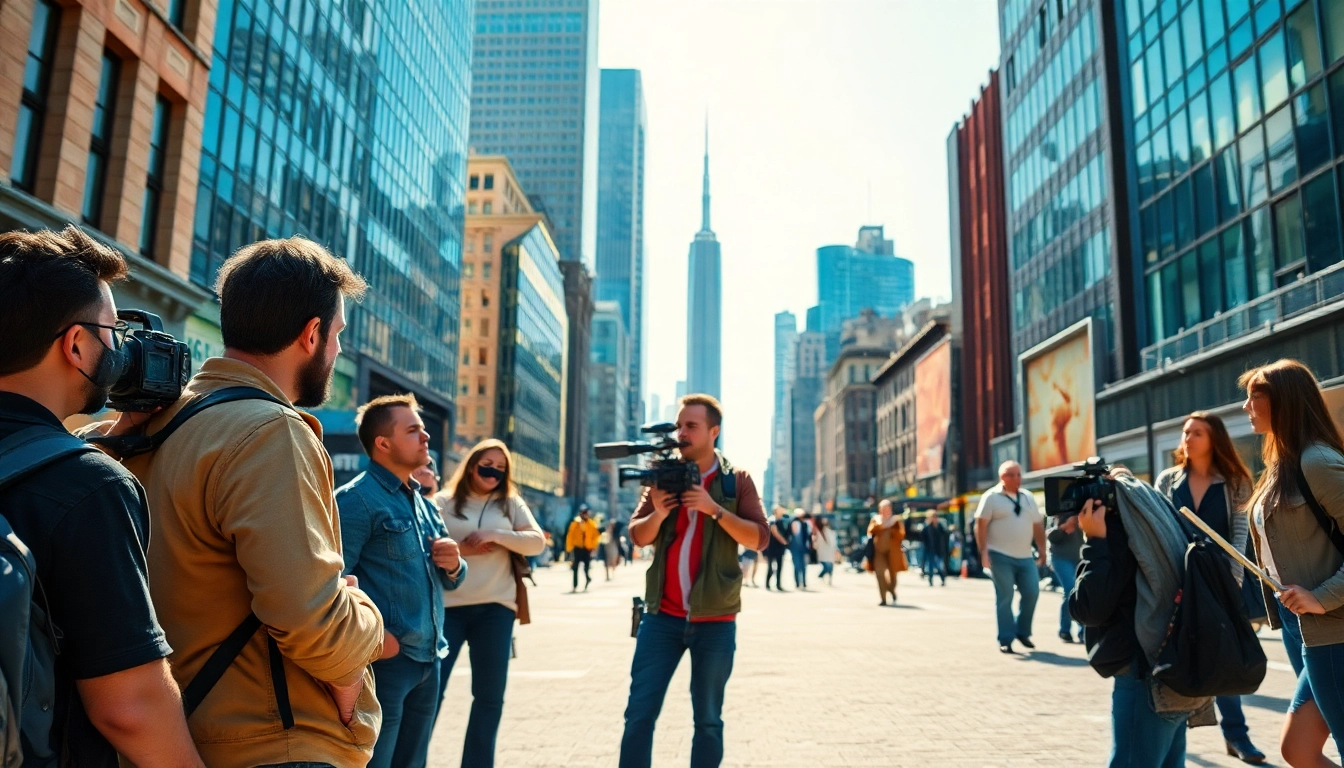Location scouting in urban settings with filmmakers reviewing potential shooting locations.