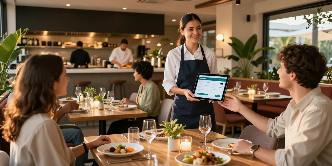 Restaurant manager using MyResApp as an OpenTable alternative, welcoming guests in a cozy dining atmosphere.
