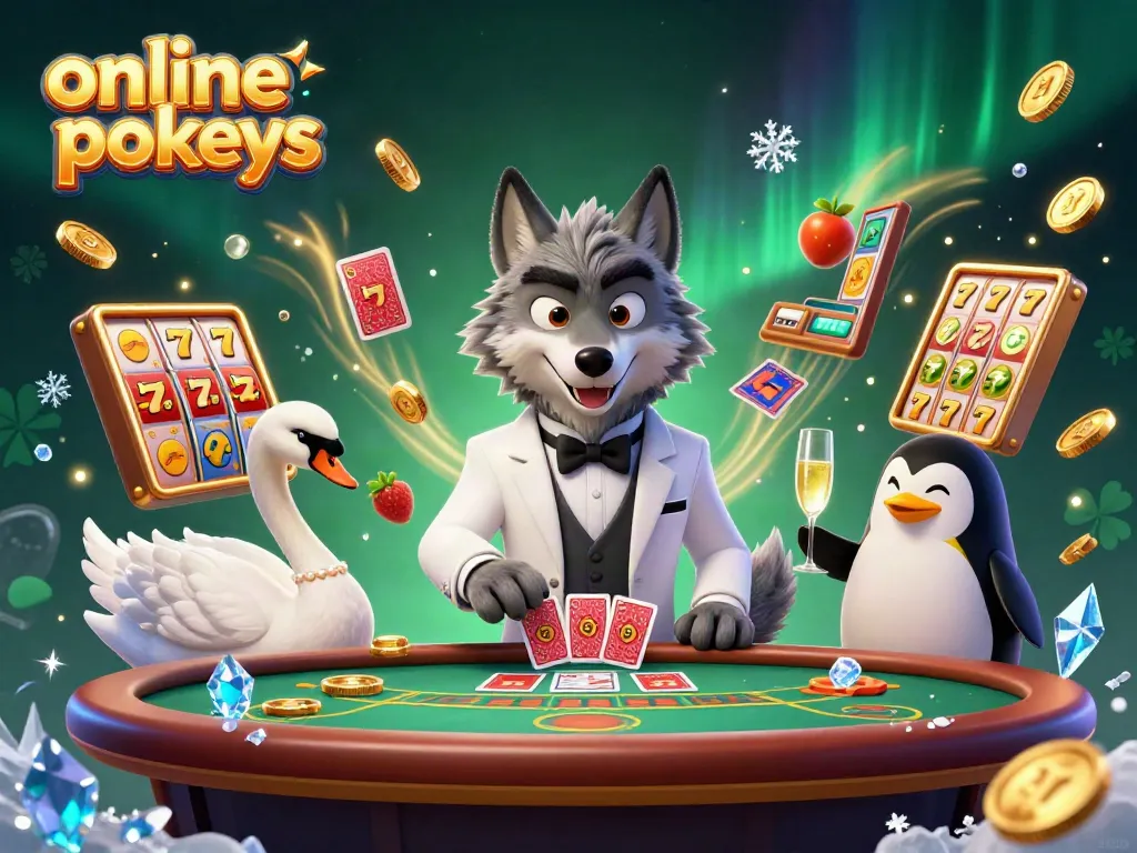 Experience exciting online pokies with a debonair wolf, elegant swan, and penguin sommelier in a lively casino scene.