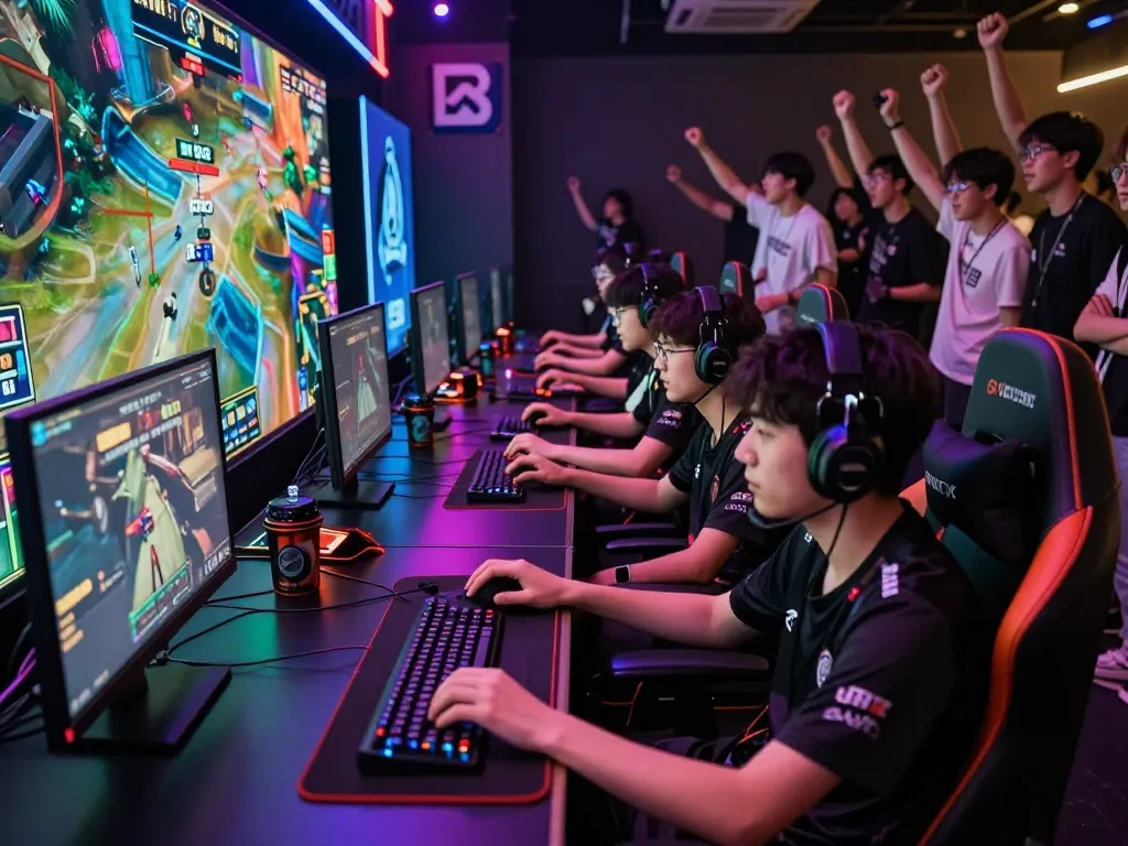 Exciting esports arena scene showcasing B体育官网 with young gamers focused on competitive matches.
