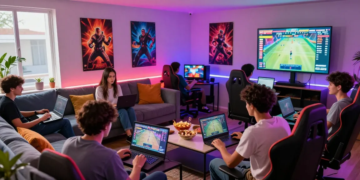Friends enjoying paus hoki games in a vibrant lounge with modern gaming setup.
