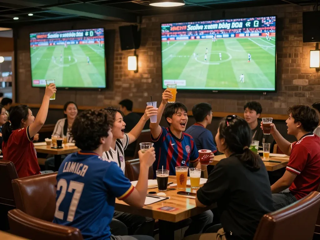 Socolive xem bóng đá brings fans together in a lively sports bar celebrating a football match.
