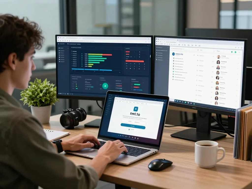 User securely accessing rm1.to login interface in a modern workspace with multiple screens.