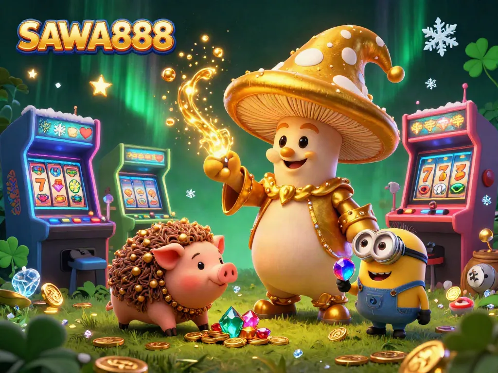 Experience casino excitement with SAWA888 in a magical scene featuring treasures and gaming elements.