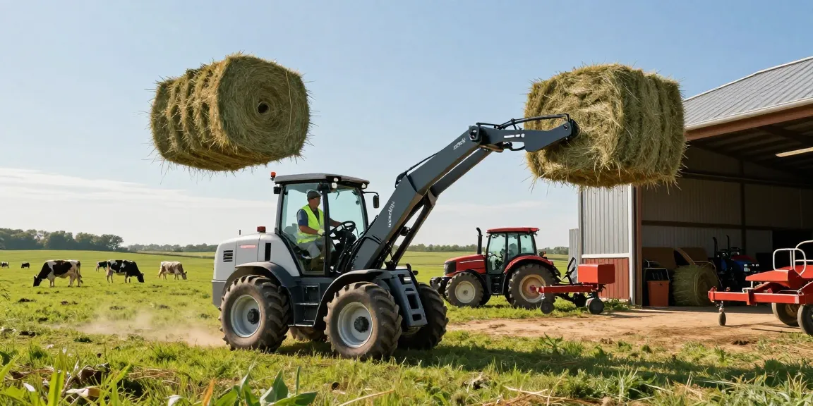 Best farm electric loader transporting hay bales in a vibrant agricultural setting with green fields.