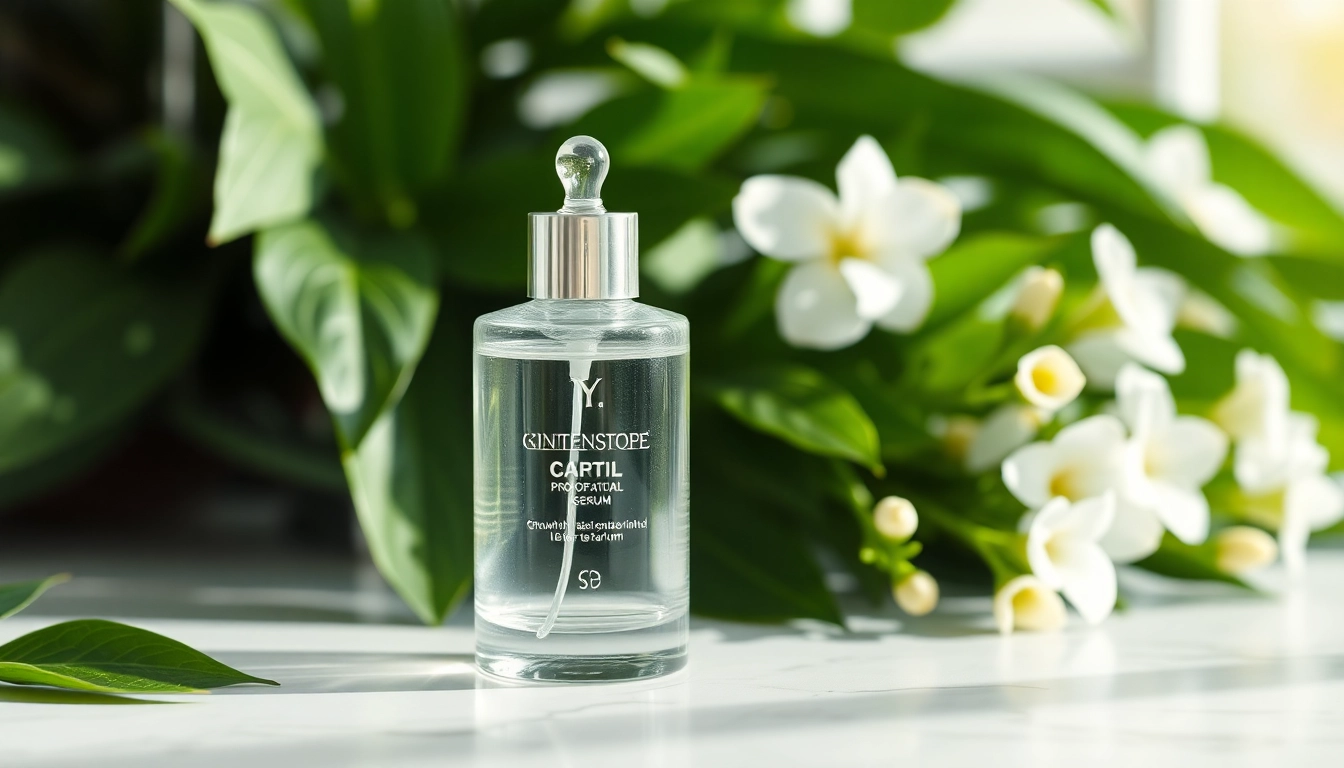 Highlighting a growth factor serum in an elegant setting with refreshing elements.