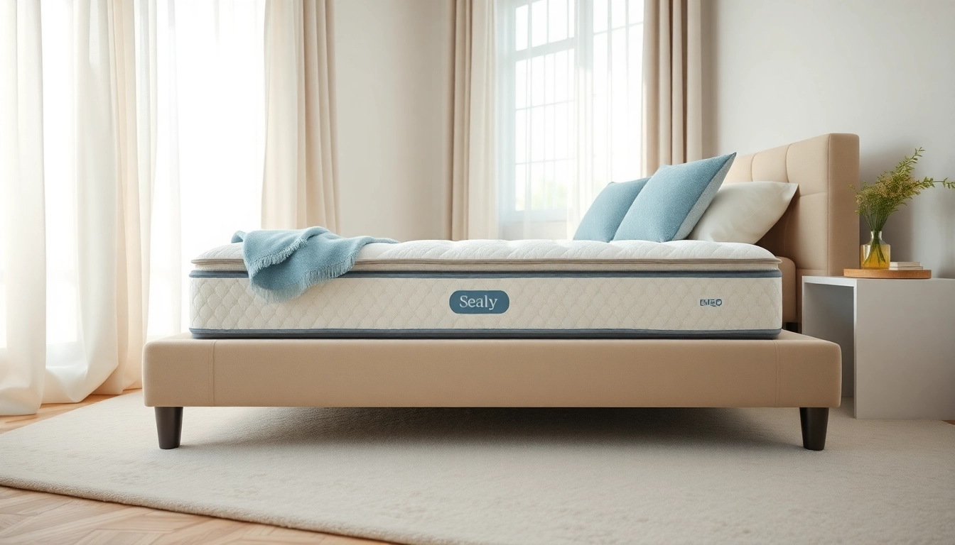 Relaxing bedroom scene showcasing a Sealy Posturepedic mattress with soft textures and elegant decor.