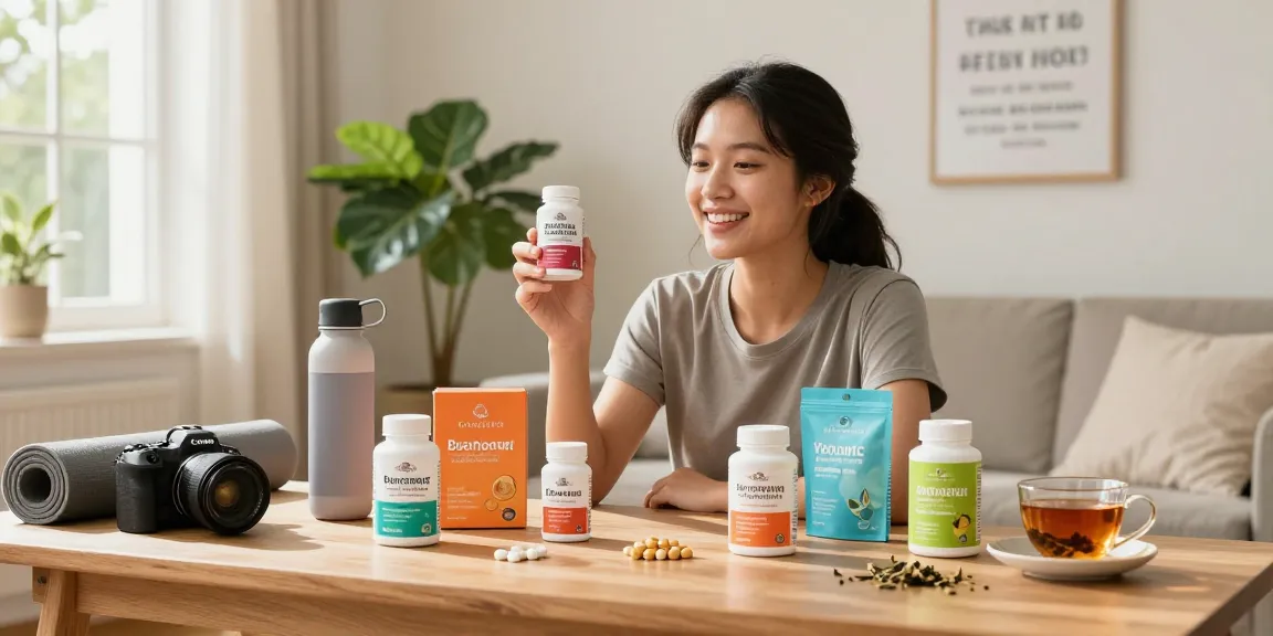 Showcase of a person holding a 300 pill bottle amidst health supplements in a bright home setting, promoting wellness.