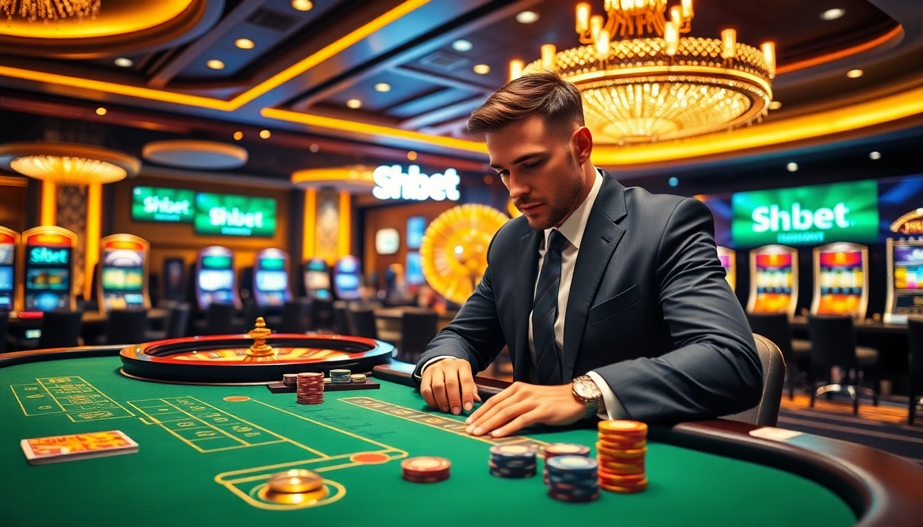 Shbet professional gambler at a vibrant blackjack table in a luxurious casino setting.